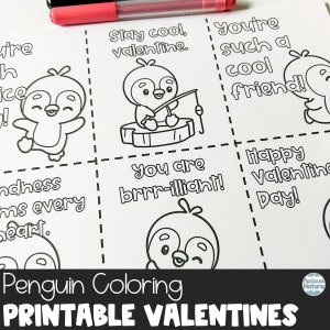 Página para colorear de pingüinos, tarjetas de San Valentín para el aula de niños, tarjetas del día de San Valentín de pingüinos imprimibles, de maestro a estudiante de San Valentín