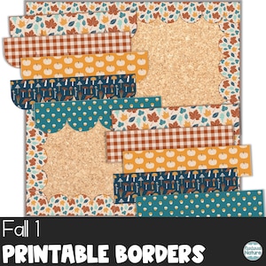 Printable bulletin board border, fall classroom decor, thanksgiving bulletin board, autumn leaves and pumpkin, mushroom decor, buffalo check