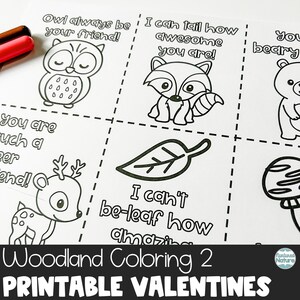Animaux des bois coloriage page cartes de Saint-Valentin pour les enfants en classe, cartes de Saint-Valentin hibou imprimables, cartes de Saint-Valentin à colorier
