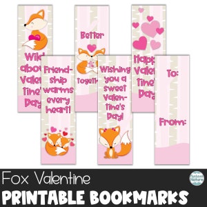 Marque-pages renard pour la Saint-Valentin, carte de Saint-Valentin renard des bois pour les salles de classe d'enfants, signets animaux Saint-Valentin à imprimer
