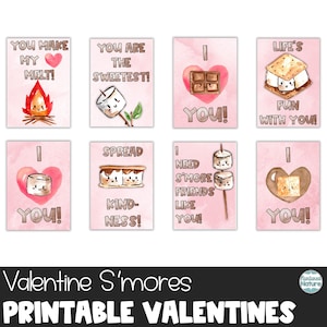 Smores valentine cards, printable smores party favor tag, smores party kit, printable valentines, valentines day cards for kids classrooms