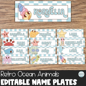 Retro ocean animal name tags for school, name plate for desk, editable labels printable for teachers, instant download