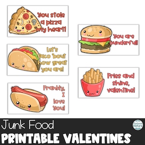 Junk food valentines cards, cheeseburger valentine, valentines day cards for kids classrooms, Valentine’s Day Printable Cards for Kids