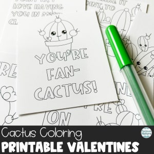 Coloriage de cactus, cartes de Saint-Valentin pour enfants en classe, cartes de Saint-Valentin imprimables, thème de classe de cactus