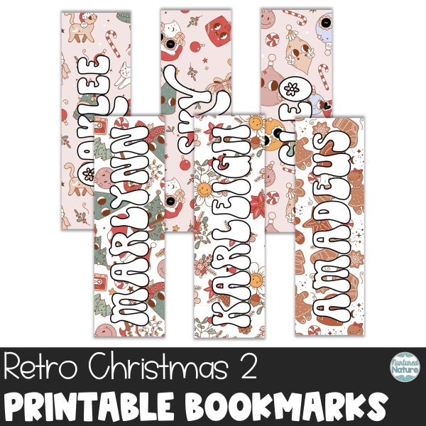 Editable name bookmarks, retro Christmas, personalized Christmas gifts for kids, Christmas gift for students, printable party favors