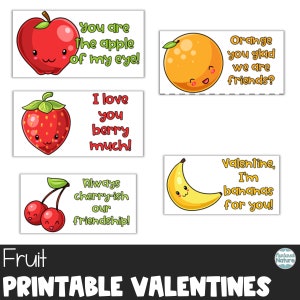 Obst-Valentinsgrußkarten für Kinder, Valentinstag, orangefarbener Valentinstag, Erdbeer-Valentinsgruß zum ausdrucken, Apfel-Valentinsgruß für Studenten