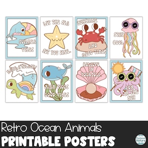 Tablón de anuncios de verano, póster de animales del océano, pósters retro de verano para profesores, decoración elegante para el aula de primaria, descarga instantánea