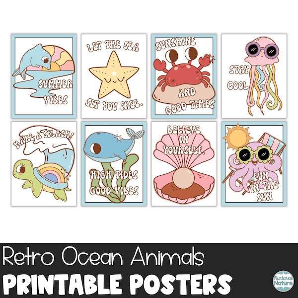 Tableau d’affichage d’été, affiche Ocean Animal, affiches d’été rétro pour les enseignants, Groovy Classroom Decor Elementary, téléchargement instantané