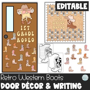 Kit de quadro de avisos retrô western, decoração de sala de aula com tema western, decoração de porta de volta às aulas, letras editáveis, botas de cowboy