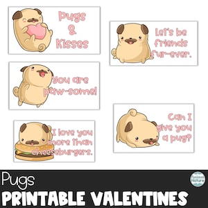 Puede incluir: Tarjetas de San Valentín imprimibles con adorables pugs de dibujos animados con diferentes mensajes. Las tarjetas dicen "Pugs & Kisses", "You are paw-some!", "Let's be friends fur-ever.", "I love you more than cheeseburgers.", y "Can I give you a pug?"
