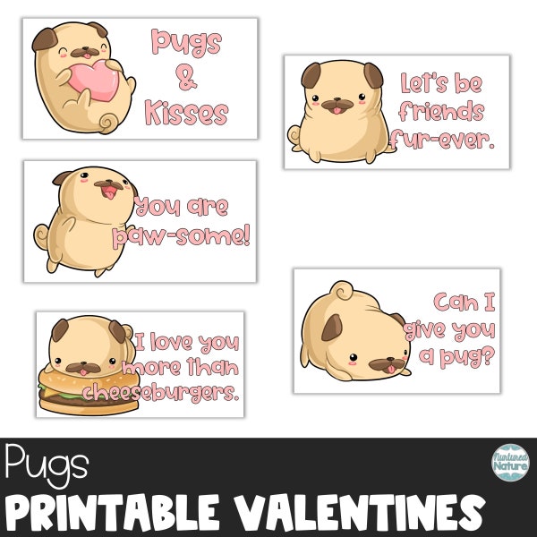 Pug valentine card kids, pug valentines day card, pug class valentines, pug themed gift, animal valentines, dog mom, dog lover valentine