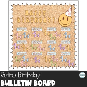 Birthday bulletin board printable, retro balloon dog, back to school, retro classroom decor, birthday display board, editable name tags