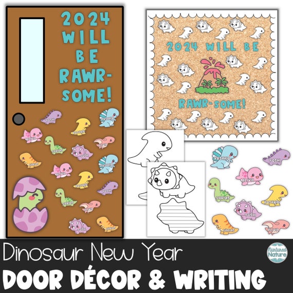 New Year Classroom Door Decoration, Dinosaur Printable, 2024 New Years, New  Year Bulletin Board Ideas for Winter, Name Tags for Kids 