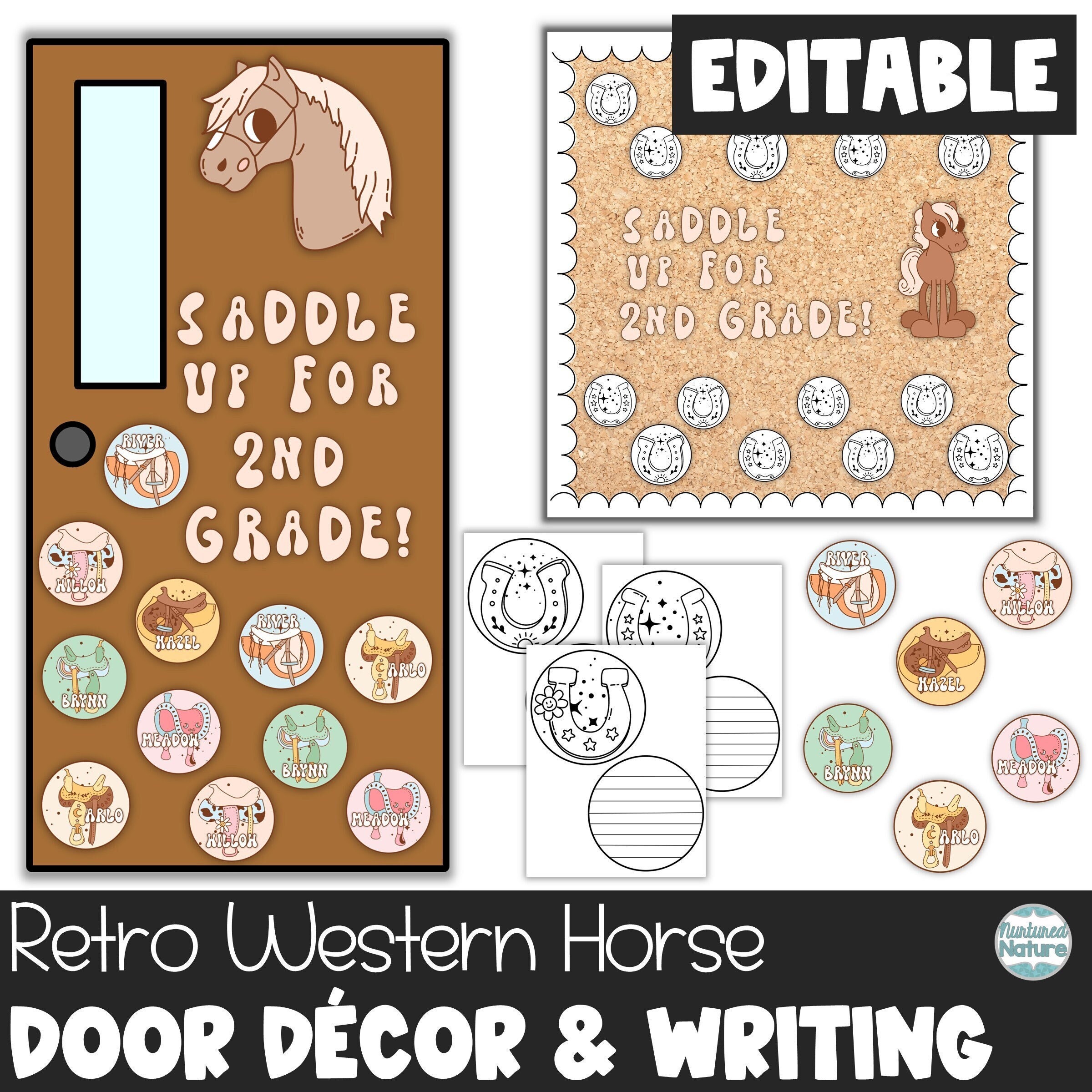 Retro western bulletin board kit, western theme classroom decor, back to school door decorations, editable letters, horse saddles