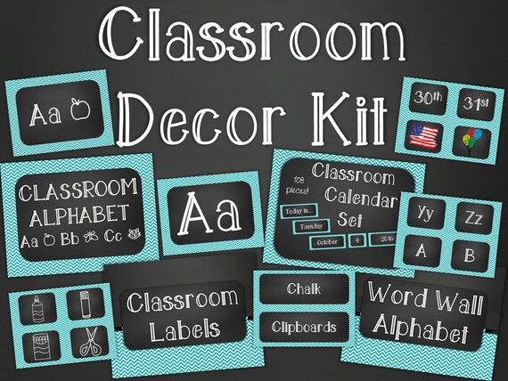 chalkboard classroom decor kit turquoise chevron printable instant download calendar word wall alphabet editable supply labels chalkboard classroom theme