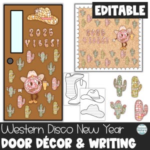 Kit de tablón de anuncios retro de año nuevo occidental 2025, rodeo disco, decoración de aula con temática del oeste, decoraciones de puerta de regreso a la escuela, letras editables