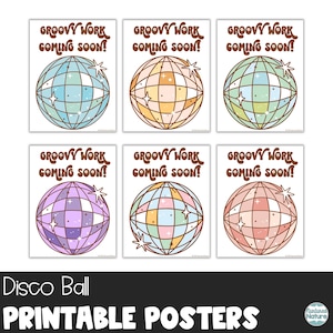 Work coming soon posters, disco ball printable, retro back to school bulletin board posters, retro classroom decor for teacher download
