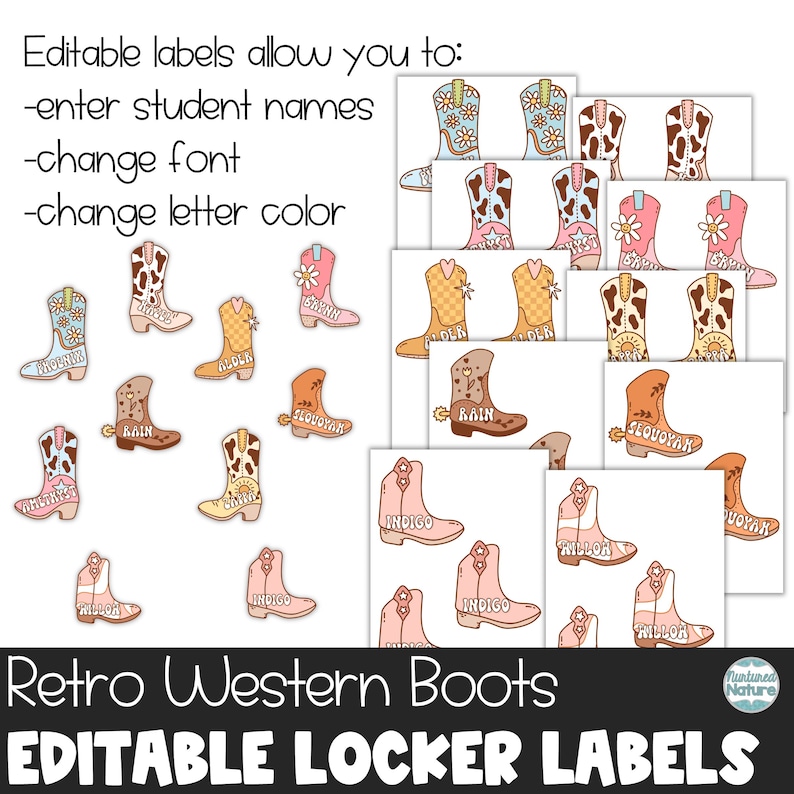 Name Patterns Boot Editable Name Tags for School, Retro Western Print Cowgirl Decor ...