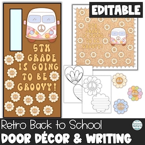 Back to school classroom decor, classroom door, bulletin board kit, editable letters, name tags for kids, retro van, groovy printable