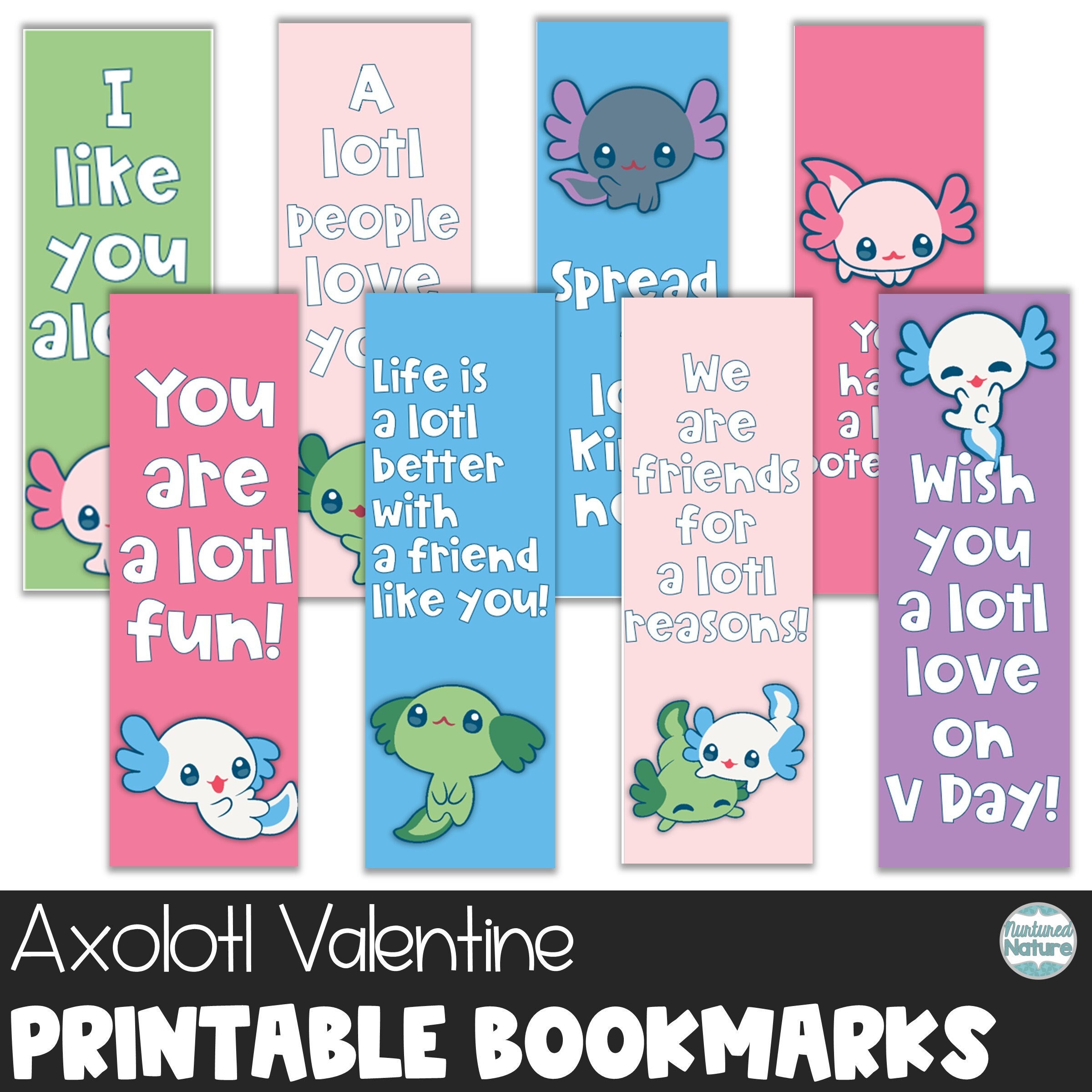 Axolotl Valentines Day Printable Bookmarks Cards Etsy