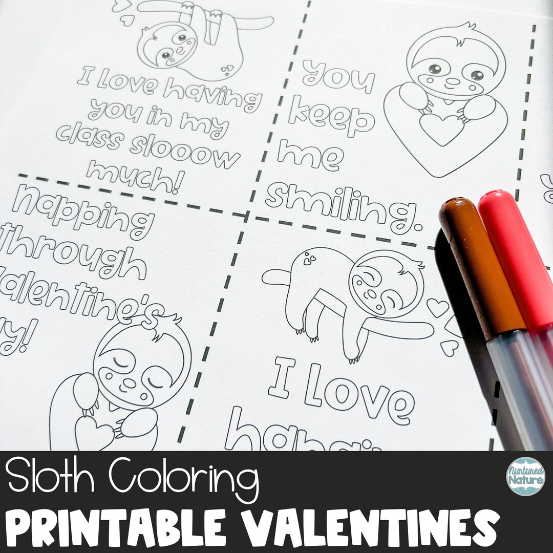 Sloth Coloring Page Valentine Cards for Kids Classroom, Sloth ...