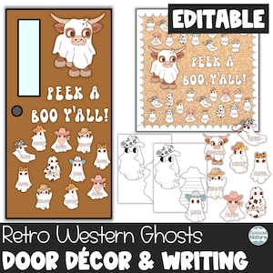 May include: A printable door decor and writing activity set featuring a retro western ghost theme. The set includes a door sign that says "Peek a Boo Y'all!" and a bulletin board with ghost cutouts. The ghosts are dressed in cowboy hats and have cow print accents. The set also includes blank ghost templates for writing activities.
