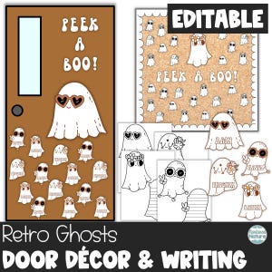 Halloween classroom door decor, Halloween bulletin board kit, retro Halloween decorations, editable letters, ghost printable, name tags