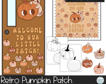May include: Editable classroom door decor with a retro pumpkin patch theme. The door features a welcome sign with the text "Welcome to our little patch!" and a pumpkin with a cat on top. There are also several smaller pumpkins with names on them. The image also includes printable pumpkin writing templates.