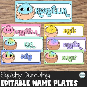 May include: A set of rectangular name plates featuring cartoon dumplings in bamboo steamers. Each plate displays a unique name: Kornelia, Emanuela, Janie, Ram, Franck, Suad, and Birgit, written in a stylized font with colorful borders.