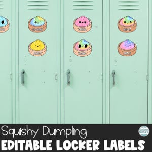 May include: A set of colorful, circular stickers featuring cartoon dumplings in bamboo steamers, each with a unique pastel or glittery pattern and a name printed in white text, displayed on light green metal lockers with vertical vents.