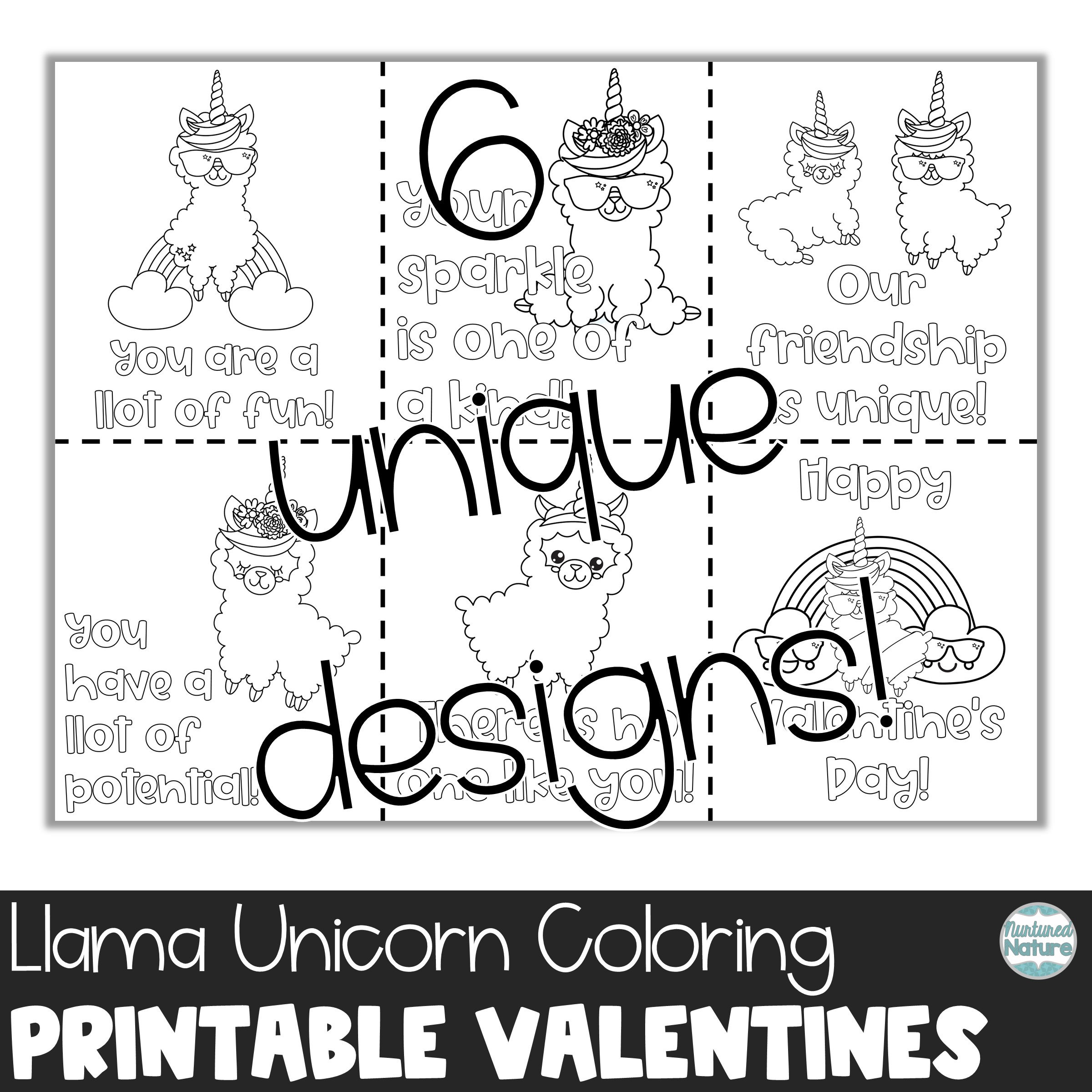 Llama coloring page valentine cards for kids classroom, Unicorn…