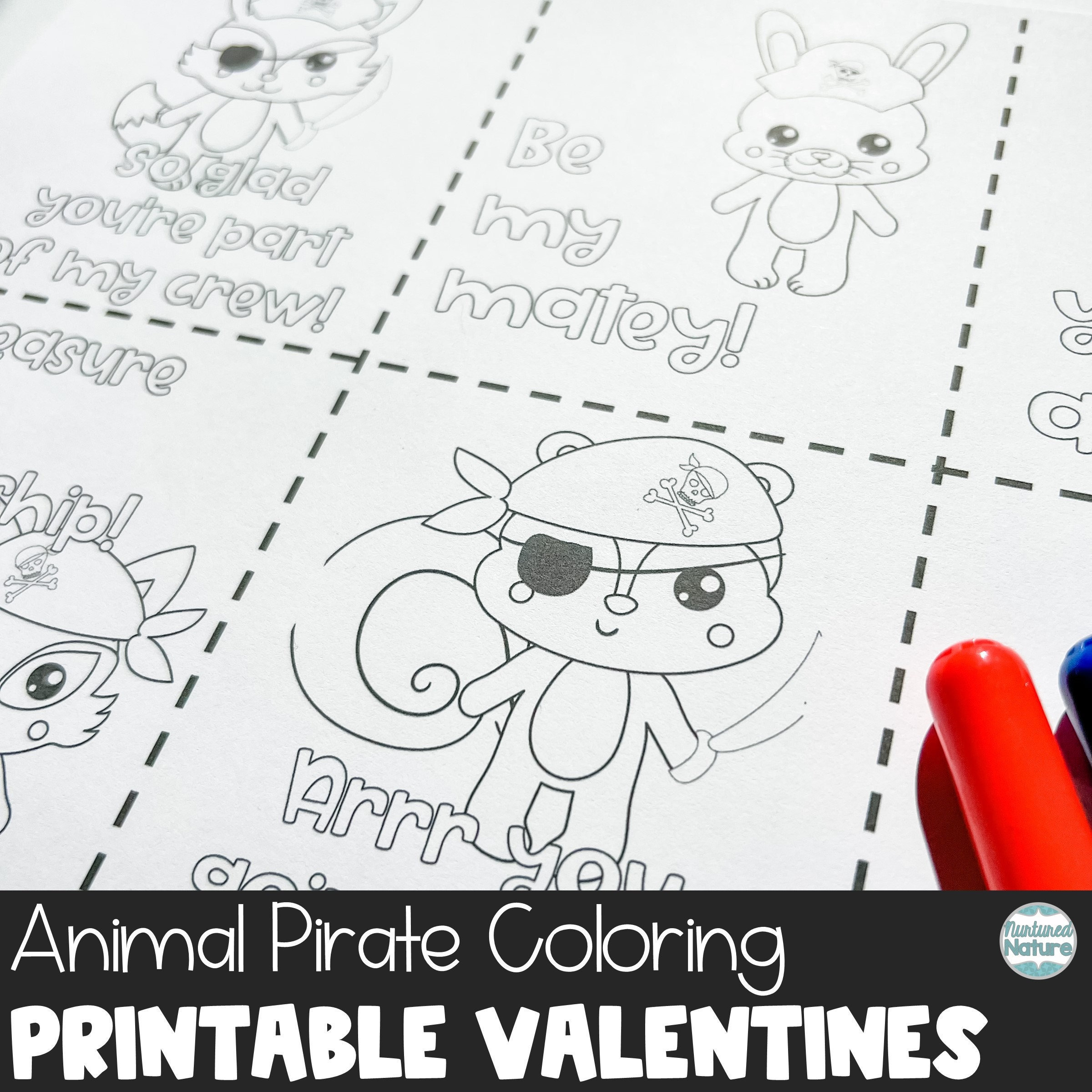 Pirate coloring page valentine cards for kids classroom, animal…