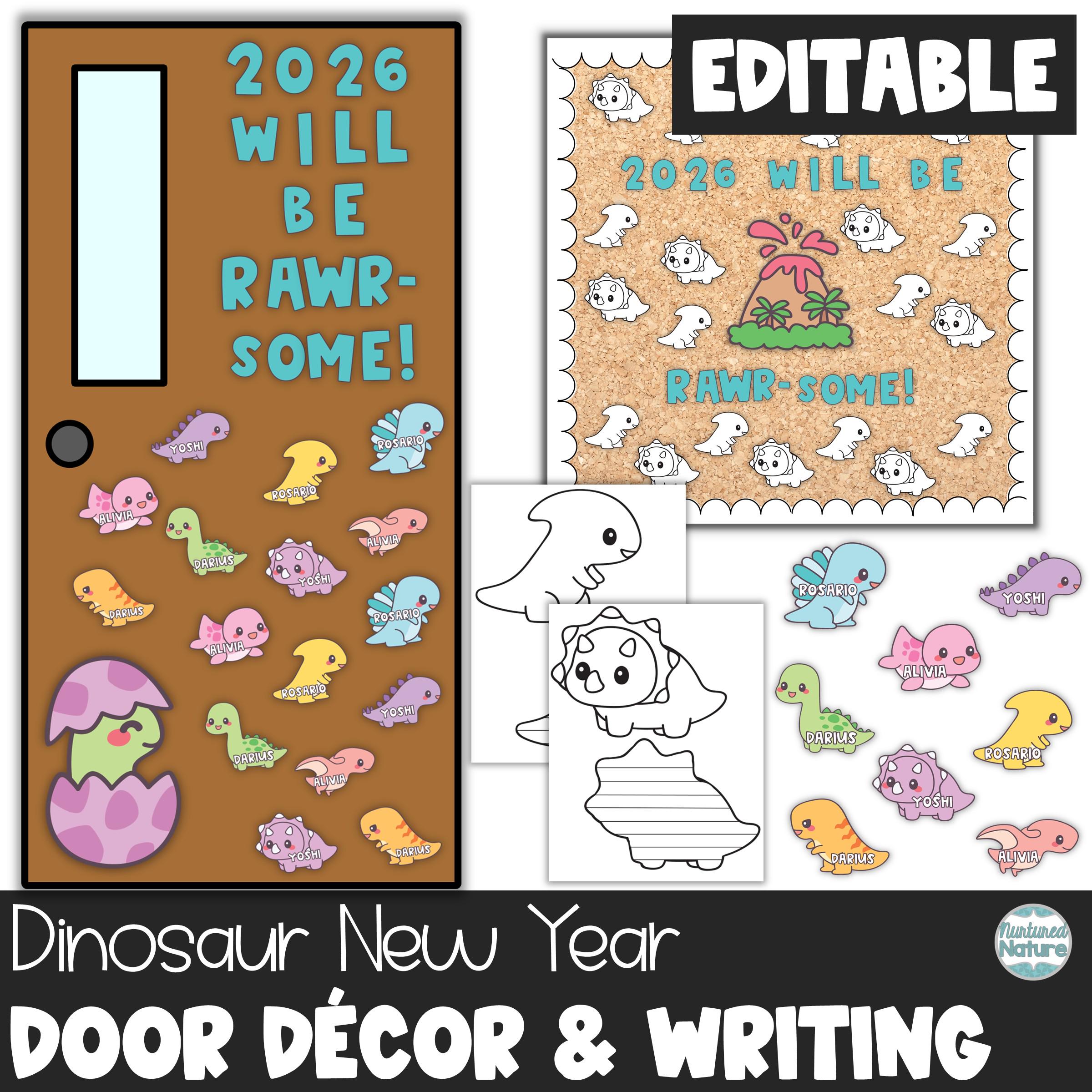 New year classroom door decoration, dinosaur printable, 2026 new…
