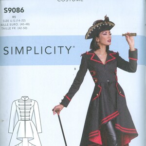 May include: Simplicity costume pattern S9086. The image shows a woman wearing a black and red pirate-style coat with gold buttons and trim, a matching hat, and black pants. The pattern includes a line drawing of the coat.