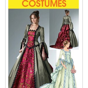 May include: A McCall's Costumes pattern featuring three different historical gowns. The main image showcases a green and pink gown with black lace trim. The text "McCall's COSTUMES" is in yellow.