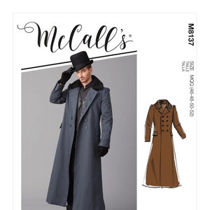 May include: McCall's sewing pattern M8137 featuring a long, double-breasted coat with a faux fur collar. The image shows a man wearing the coat, along with a line drawing of the coat in brown. The pattern includes sizes MOQ (46-48-50-52).