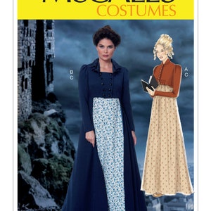 May include: McCall's Costumes pattern M7493 features two historical costume designs. One design includes a long navy blue coat over a floral print dress. The other design is a rust-colored bolero jacket with a long floral print skirt.