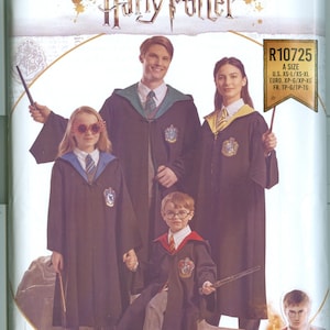 May include: Simplicity Harry Potter sewing pattern. The image shows a family dressed in Hogwarts robes, holding wands. The pattern includes sizes XS-XL. The packaging features the Harry Potter logo and the Simplicity brand name.