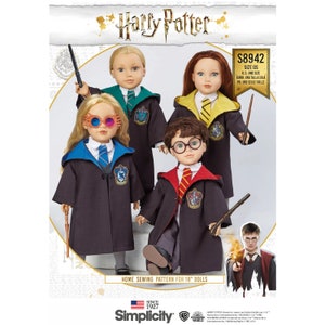 May include: A sewing pattern for 45.7 cm dolls featuring Harry Potter characters. The pattern shows dolls in Hogwarts robes, holding wands. The pattern is labelled S8942, with the Simplicity logo and the text 'Home Sewing Pattern for 18" Dolls'.