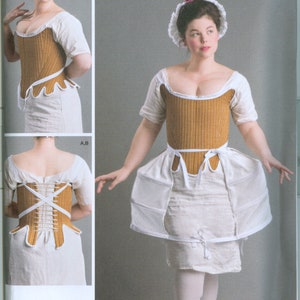 May include: Simplicity pattern 8579 features a historical costume design. The image shows a woman wearing a tan corset, white undergarments, and a white cap. The pattern includes sizes U.S. 4-12, Euro 30-38, and French 32-40.