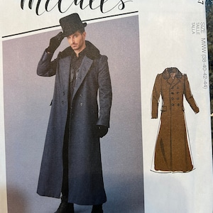 May include: McCall's sewing pattern for a long, double-breasted coat with a faux fur collar. The pattern includes a full-length illustration of the coat and a smaller diagram. The pattern is labeled M8137 and includes size information.