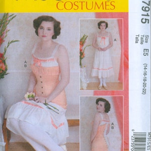 May include: McCall's Costumes sewing pattern M7915. The pattern features a vintage-style dress and corset design. The main image shows a woman in a peach and white corset and dress. The pattern includes sizes 14-22.