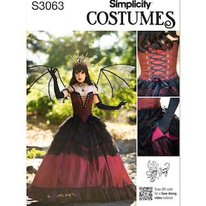 May include: Simplicity Costumes pattern S3063 features a gothic-style dress. The dress has a burgundy bodice with black lace trim, a full skirt, and bat-wing accessories. The image includes a close-up of the corset and skirt details. The model is wearing a crown.