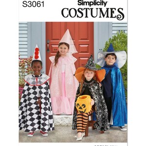 May include: Simplicity Costumes pattern S3061 featuring four children in various outfits: a black and white diamond-patterned clown costume, a pink sequined cape with a pointed hat, a black and silver patterned witch cape with a hat, and a blue cape.
