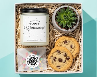 Workiversary Gift Box: Work Anniversary Gift Succulent, Candle & Cookies - Employee Appreciation