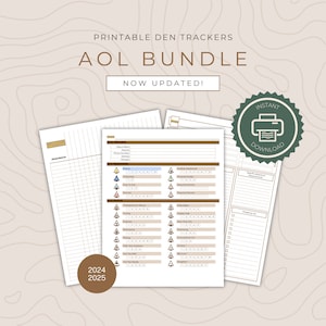May include: Printable den trackers for the AOL program. The trackers include a checklist for required electives, outdoor adventures, and a shopping list. The document is labeled with the years 2024 and 2025.