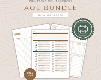 May include: Printable den trackers for the AOL program. The trackers include a checklist for required electives, outdoor adventures, and a shopping list. The document is labeled with the years 2024 and 2025.