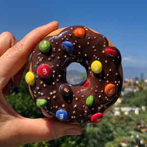 May include: A ceramic donut with chocolate frosting and colorful candy toppings. The donut is held up against a blue sky and green foliage background. The candy toppings include red, yellow, green, blue, and orange candies.
