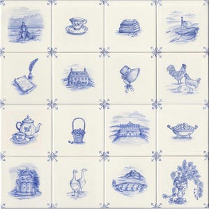 May include: A grid of sixteen square ceramic tiles featuring blue ink-style illustrations on a white background. The designs include a person in a landscape, a teacup, a stack of books, a house, a quill, a bonnet, poultry, a teapot, a basket, a manor, a bowl, a gazebo, geese, a bridge, and a peacock.