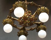 Antique Lighting 1920s Restored Original finish cast iron bare bulb hanging chandelier with brass bobesches